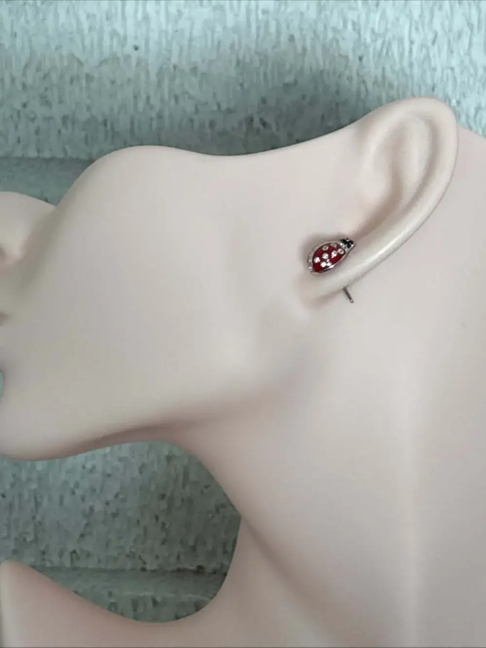 Sterling Silver 925 Red & Black ENAMEL LADYBUG Stud Earrings Cubic Zirconia CZ